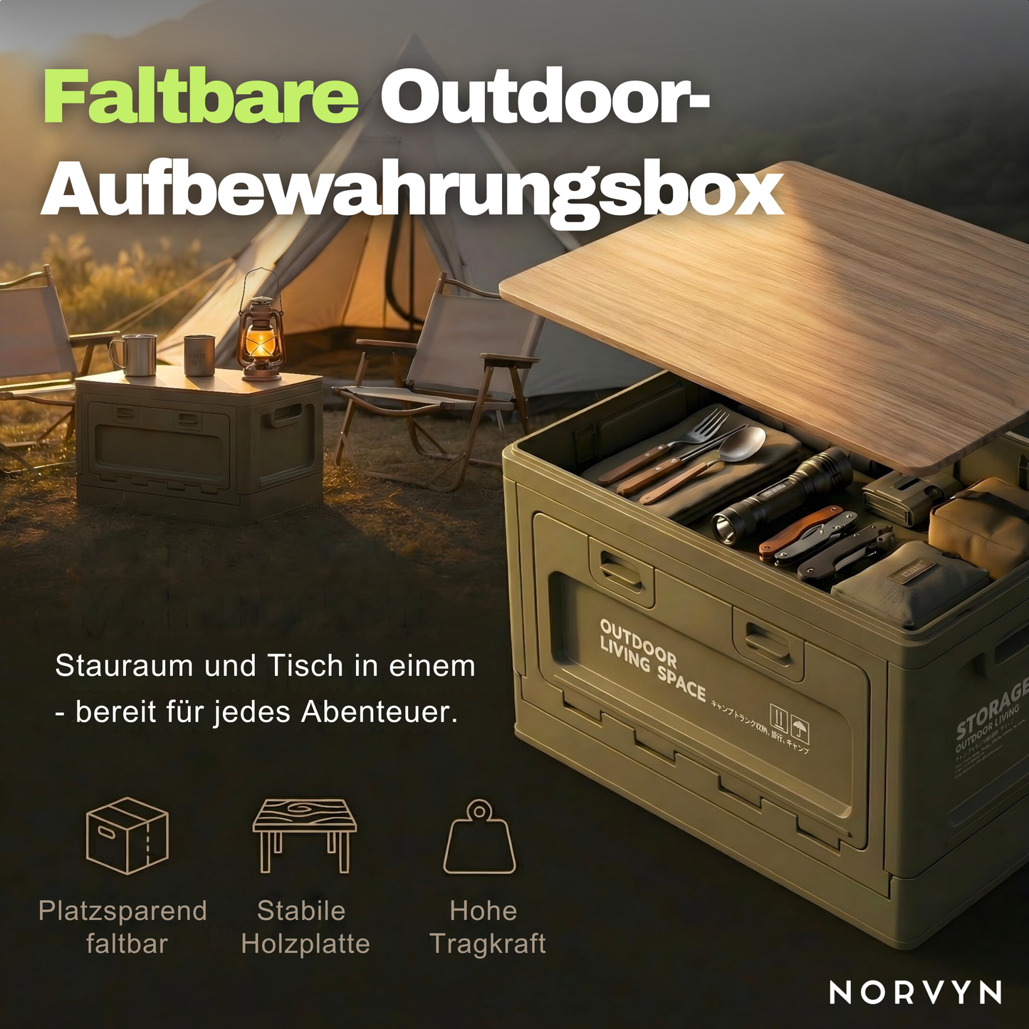 Faltbare Outdoor-Aufbewahrungsbox mit Holzdeckel – Ordnung & Tisch in einem
