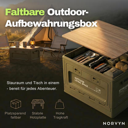 Faltbare Outdoor-Aufbewahrungsbox mit Holzdeckel – Ordnung & Tisch in einem