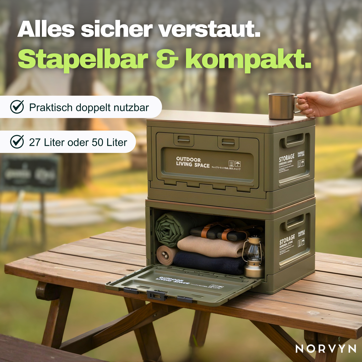 Faltbare Outdoor-Aufbewahrungsbox mit Holzdeckel – Ordnung & Tisch in einem
