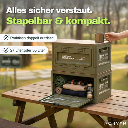 Faltbare Outdoor-Aufbewahrungsbox mit Holzdeckel – Ordnung & Tisch in einem
