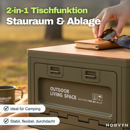 Faltbare Outdoor-Aufbewahrungsbox mit Holzdeckel – Ordnung & Tisch in einem