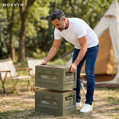 Faltbare Outdoor-Aufbewahrungsbox mit Holzdeckel – Ordnung & Tisch in einem