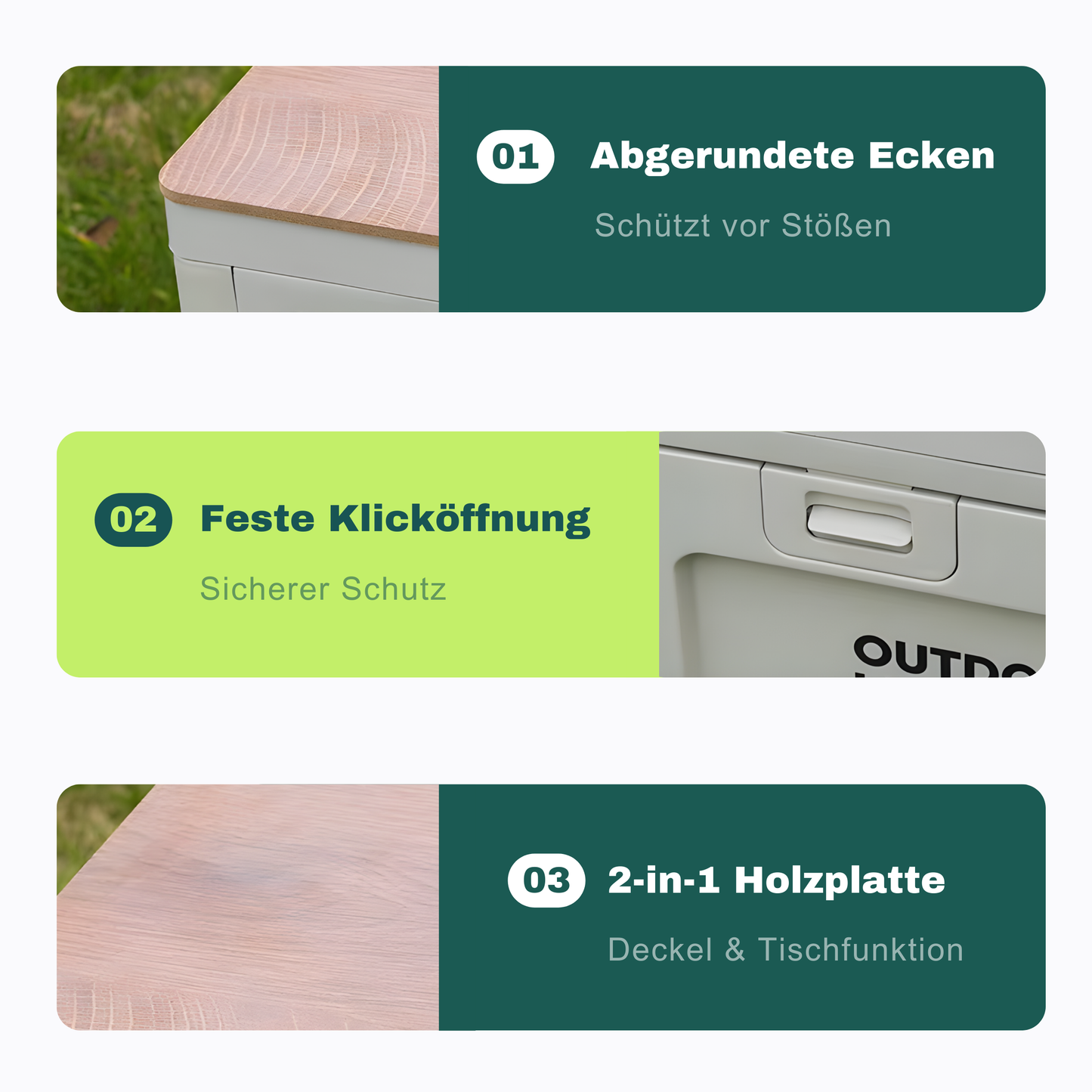 Faltbare Outdoor-Aufbewahrungsbox mit Holzdeckel – Ordnung & Tisch in einem