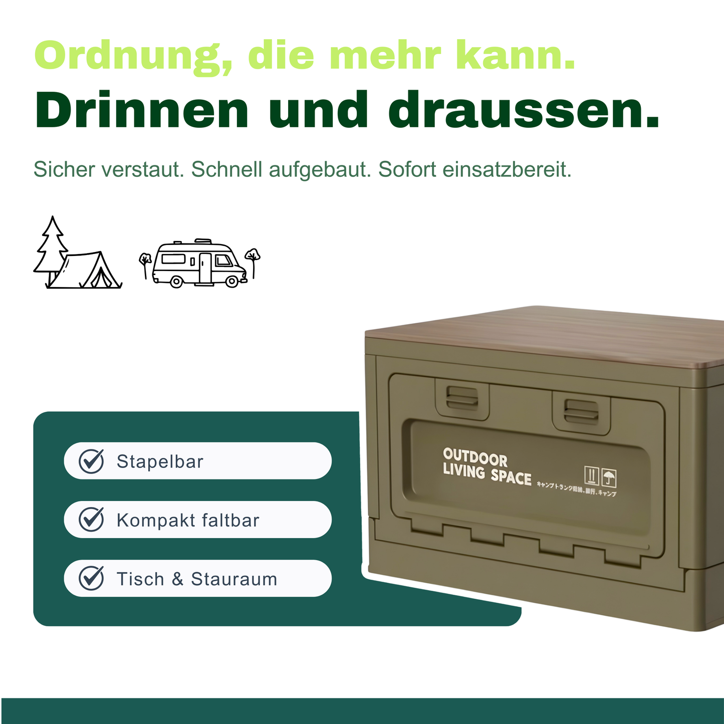 Faltbare Outdoor-Aufbewahrungsbox mit Holzdeckel – Ordnung & Tisch in einem
